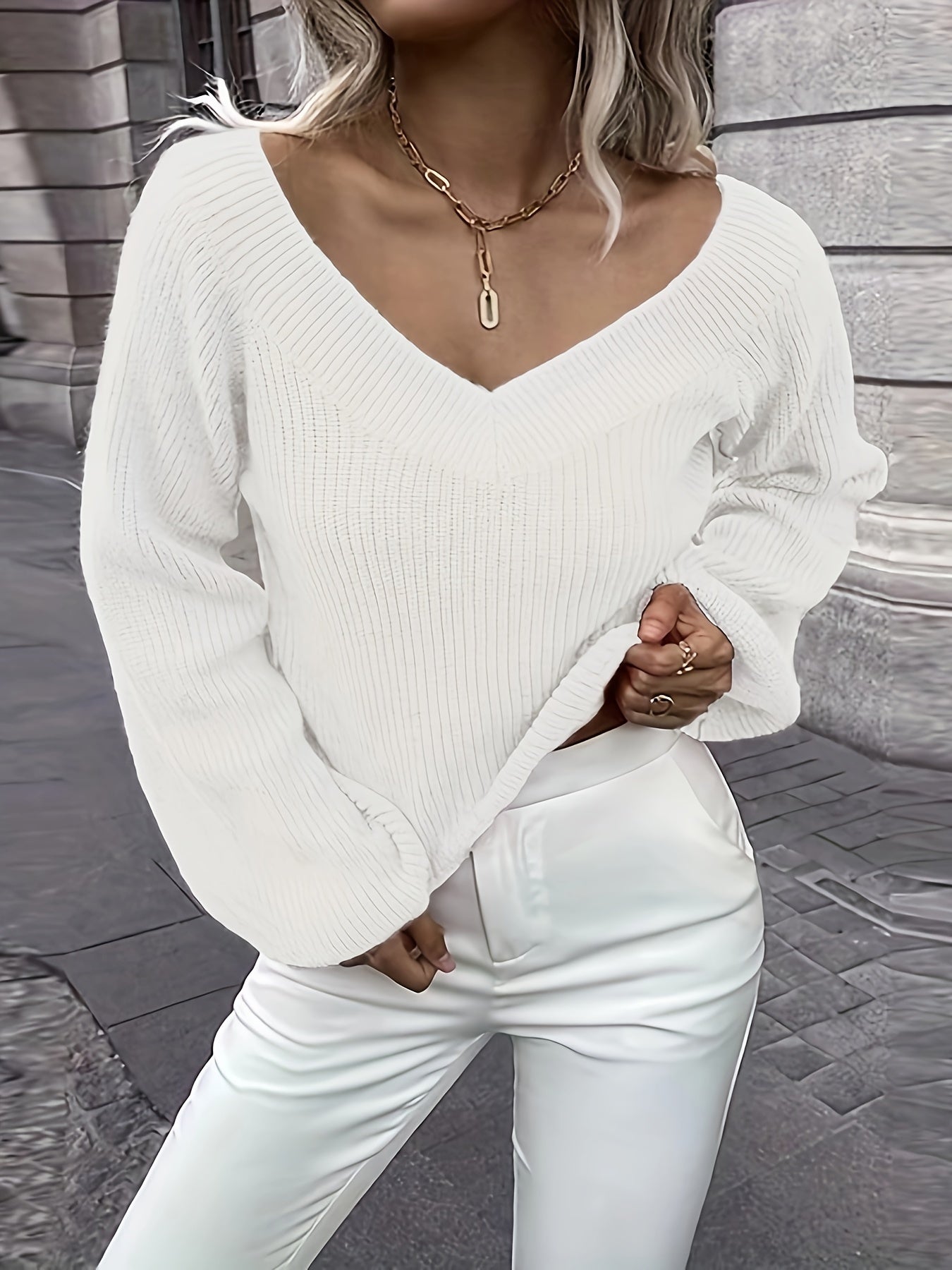  V Neck Casual Sweater Long Sleeve Solid Jumper