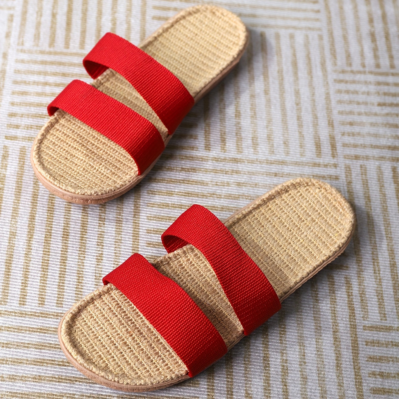 Women's Double Bands Flat Slides Slip On Open Toe Linen Sole Non slip Home Shoes