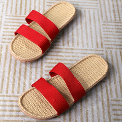 Women's Double Bands Flat Slides Slip On Open Toe Linen Sole Non slip Home Shoes