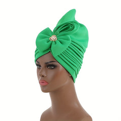 Green Layer Pleated Turban Cap Bow Decor Hijab Hat Casual Head Wrap