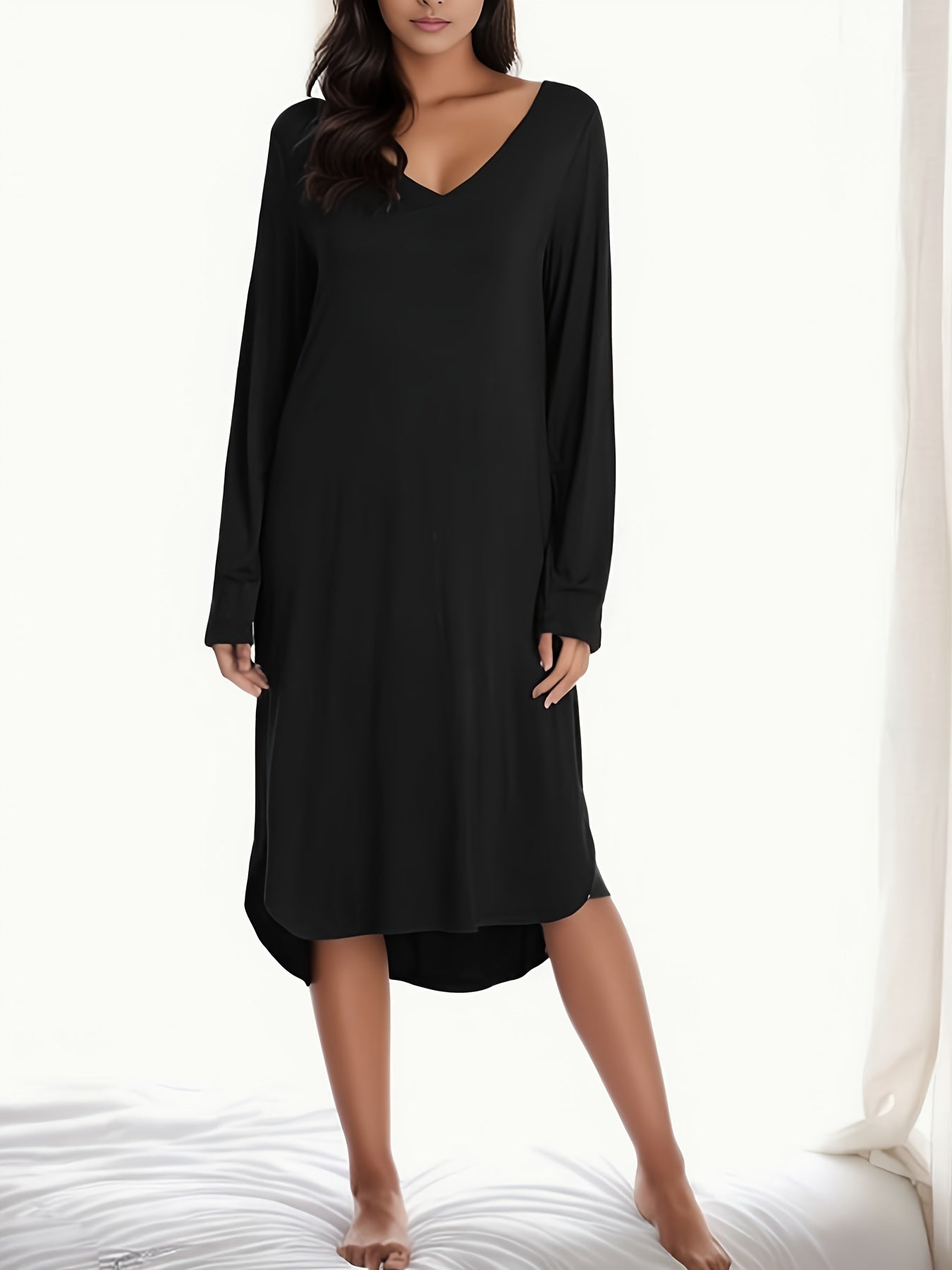 Solid NightDress Long Sleeve V Neck Pajama Dress Women's Sleepwear