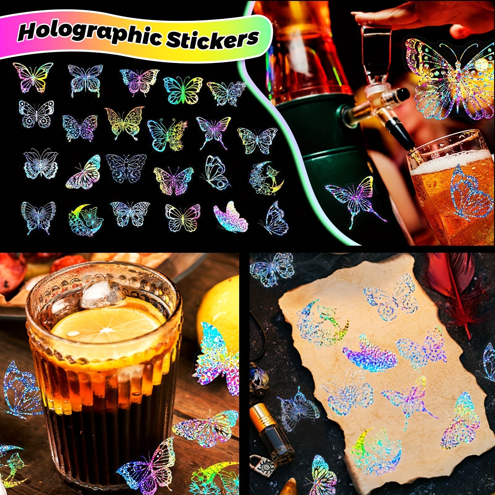 100 Holographic Butterfly Stickers Reusable Adhesive for Glass