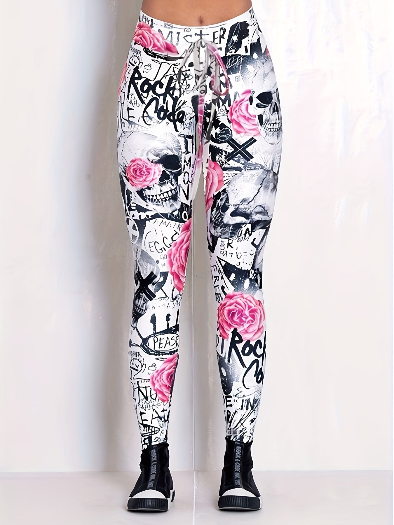  Halloween Gothic Leggings Floral Skull Print Leggings