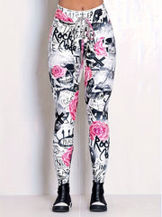  Halloween Gothic Leggings Floral Skull Print Leggings