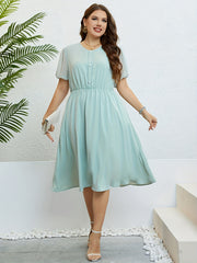  Solid Button Up Mesh Dot Bubble Sleeve Dress