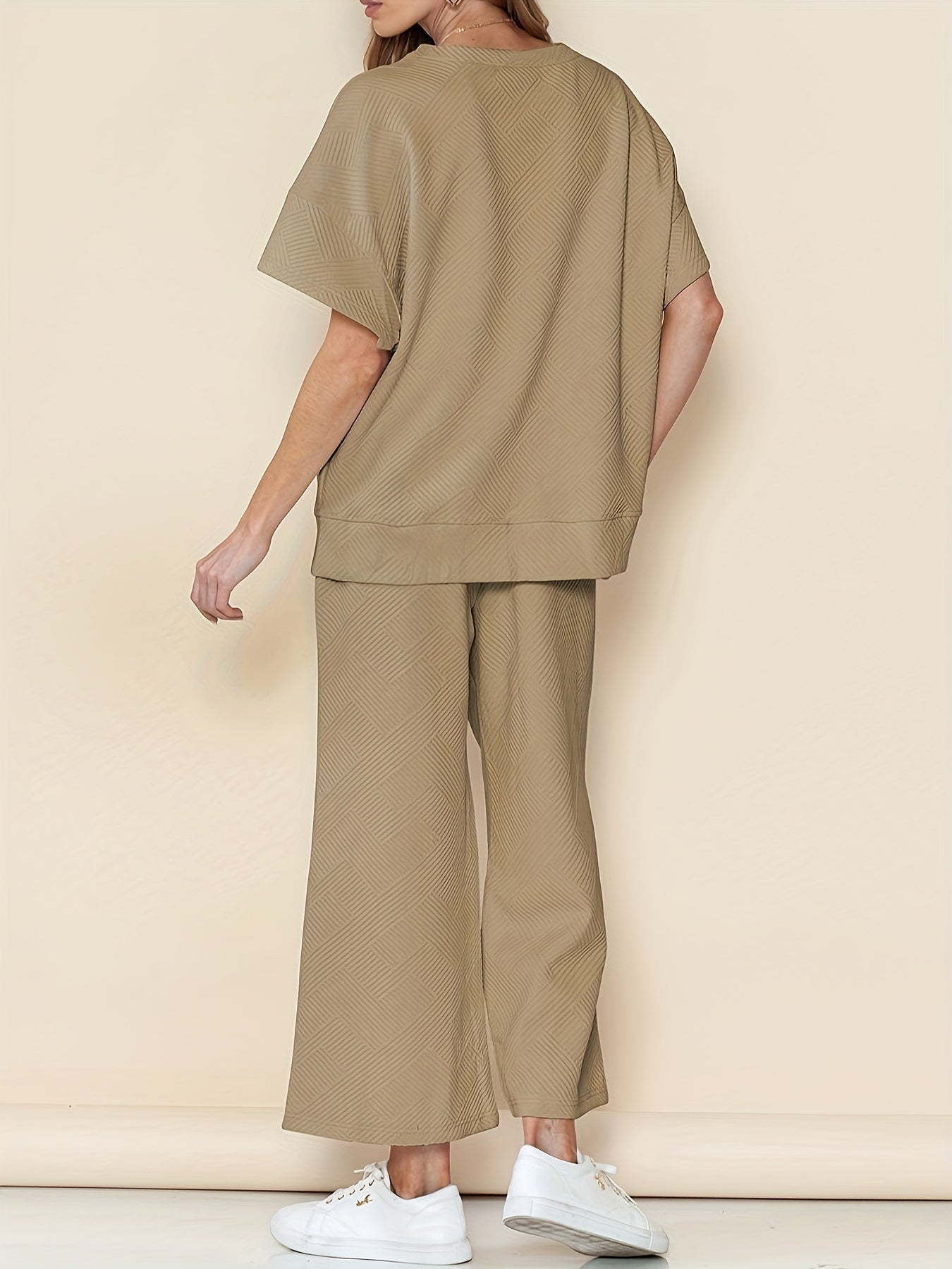  Solid Short Sleeve Round Neck Top & Wide Leg Pants Outfit Set