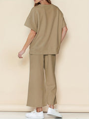  Solid Short Sleeve Round Neck Top & Wide Leg Pants Outfit Set