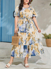  Marble Print Butterfly Sleeve Maxi Smock Dress With Belt