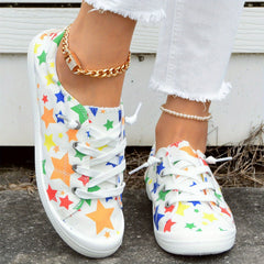 Women's Star Printed Canvas Shoes Colorful Lace Up Low Top Flat Shoes