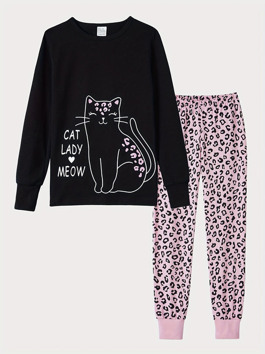 Girls Leopard Print Pajamas Set with Cat Cartoon Top