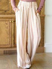  Striped & Geo Print Shirred Waist Straight Leg Pants
