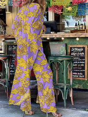 Purple Floral Pattern 2 Pc Swimsuit & Cover Up Set