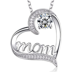 Heart Shape Rhinestone Mom Pendant Necklace Mother's Gift For Women
