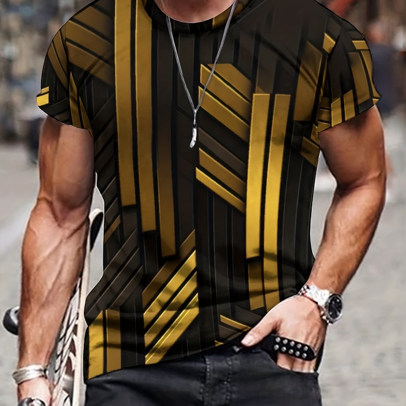 Men's Stripes Print T shirt Active Comfy Crew Neck 3D Print Tee