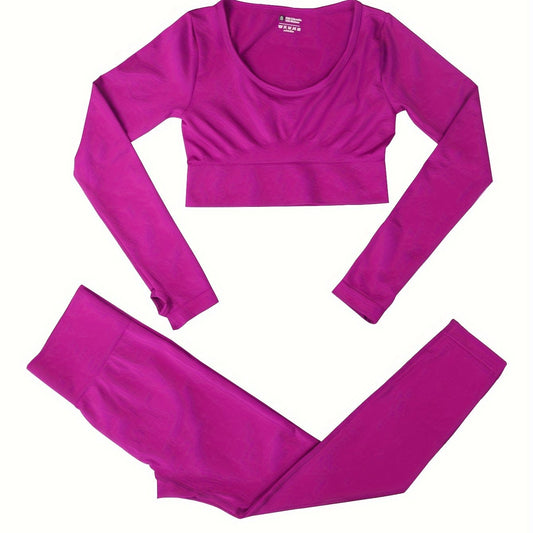 2pcs Solid Yoga Sports Sets Long Sleeve Crop Top & Leggings Women's Activewear