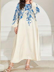  Floral Print Lantern Sleeve Maxi Abaya Dress