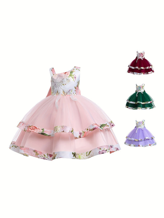 Girls Floral Princess One Shoulder Party Tutu Dress Tulle Wedding Flower Girl