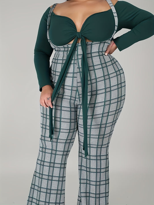  Long Sleeve Crop Top & Plaid Wide Leg Jumpsuit Set