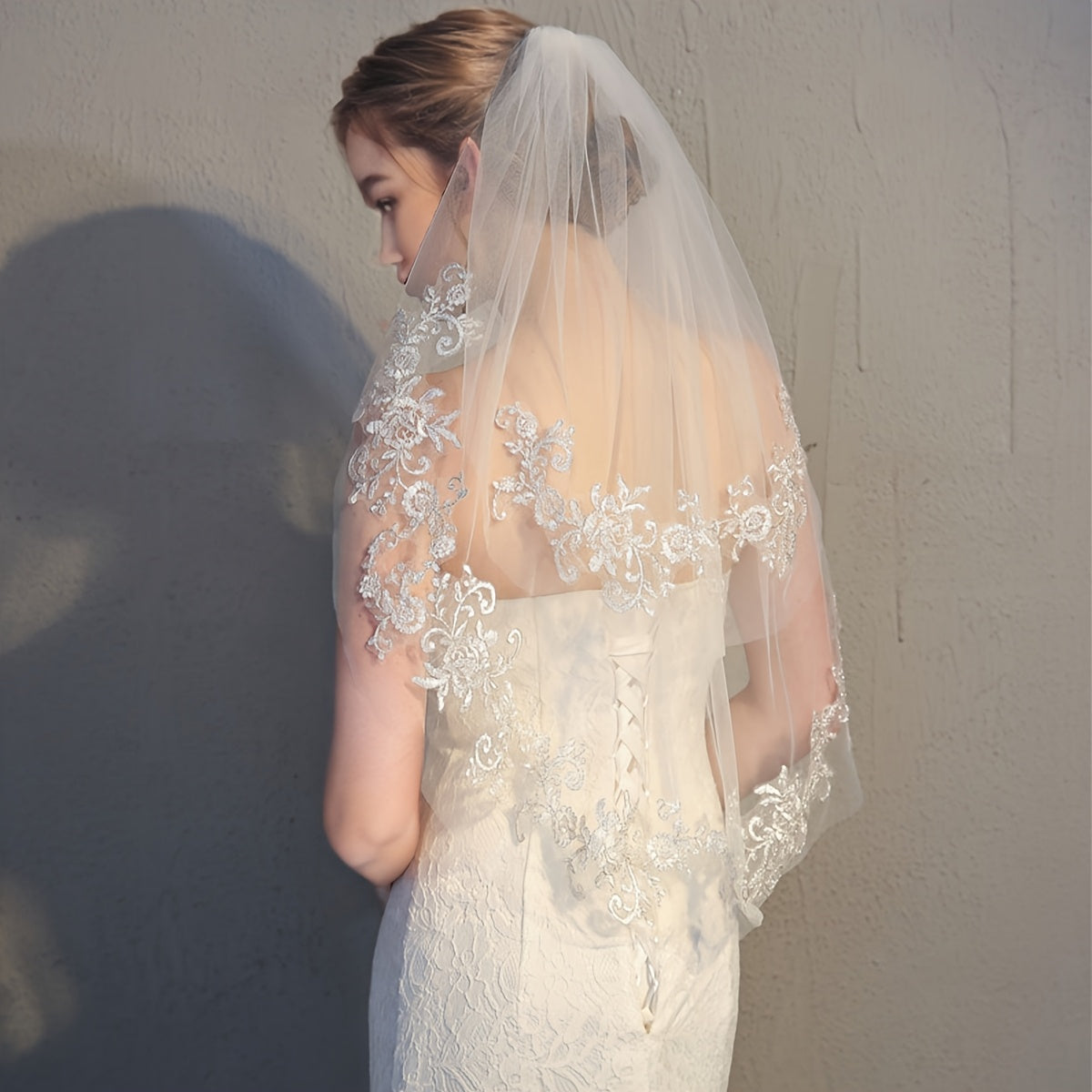 Double Layer Bridal Veil with Lace Detailing Wedding Accessory