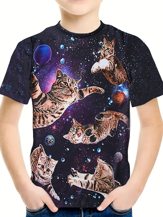 Breathable Astronaut Kitty Short Sleeve T-shirt Girls Spring Summer Gift