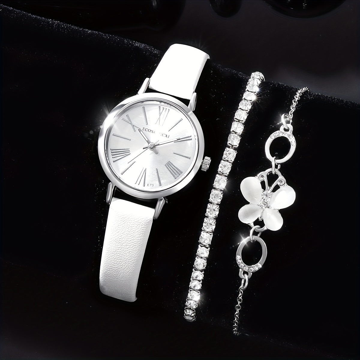 Stylish PU Leather Watch Set with Rhinestone Bracelets