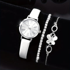 Stylish PU Leather Watch Set with Rhinestone Bracelets