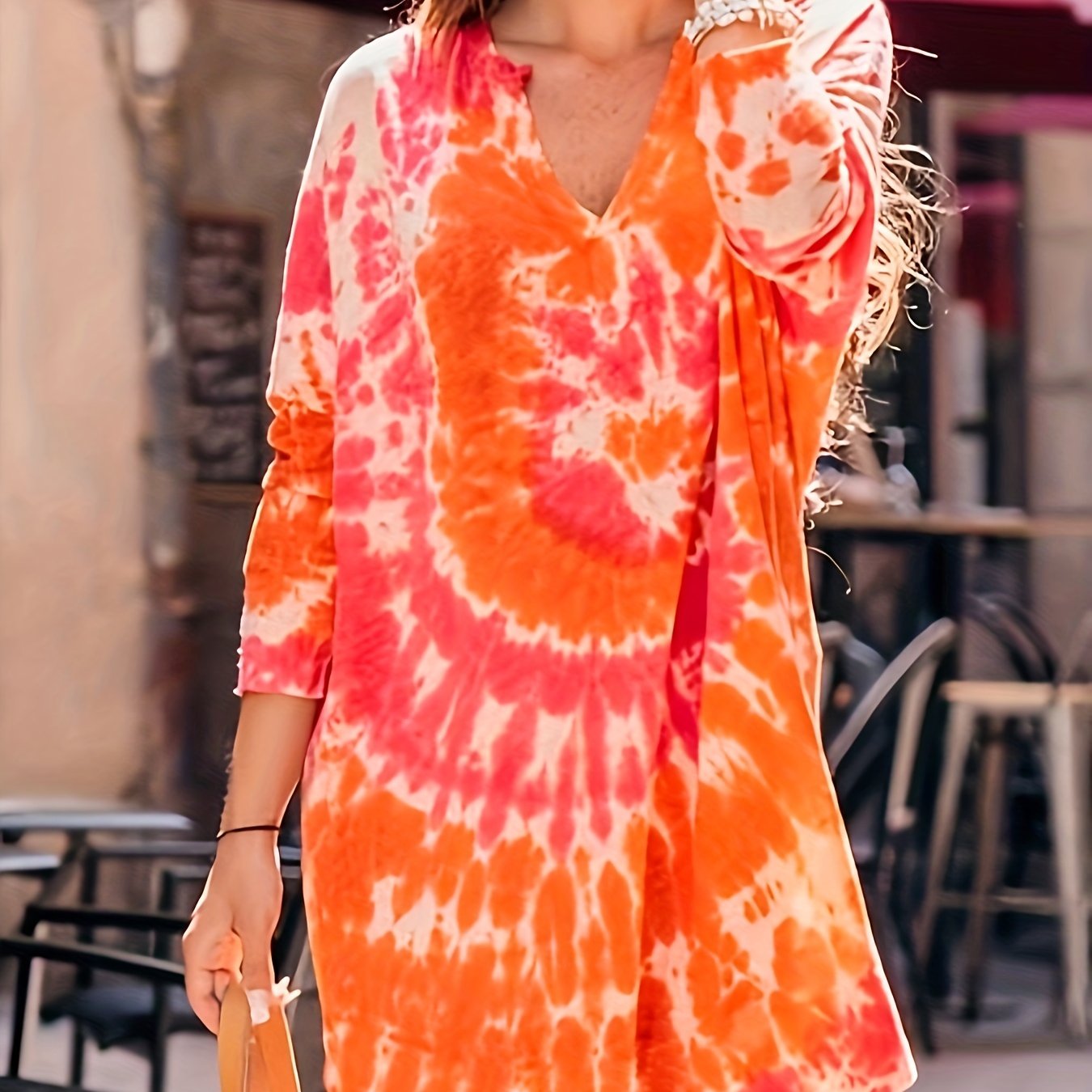  Tie Dye Long Sleeve Notched Neck Mini Dress