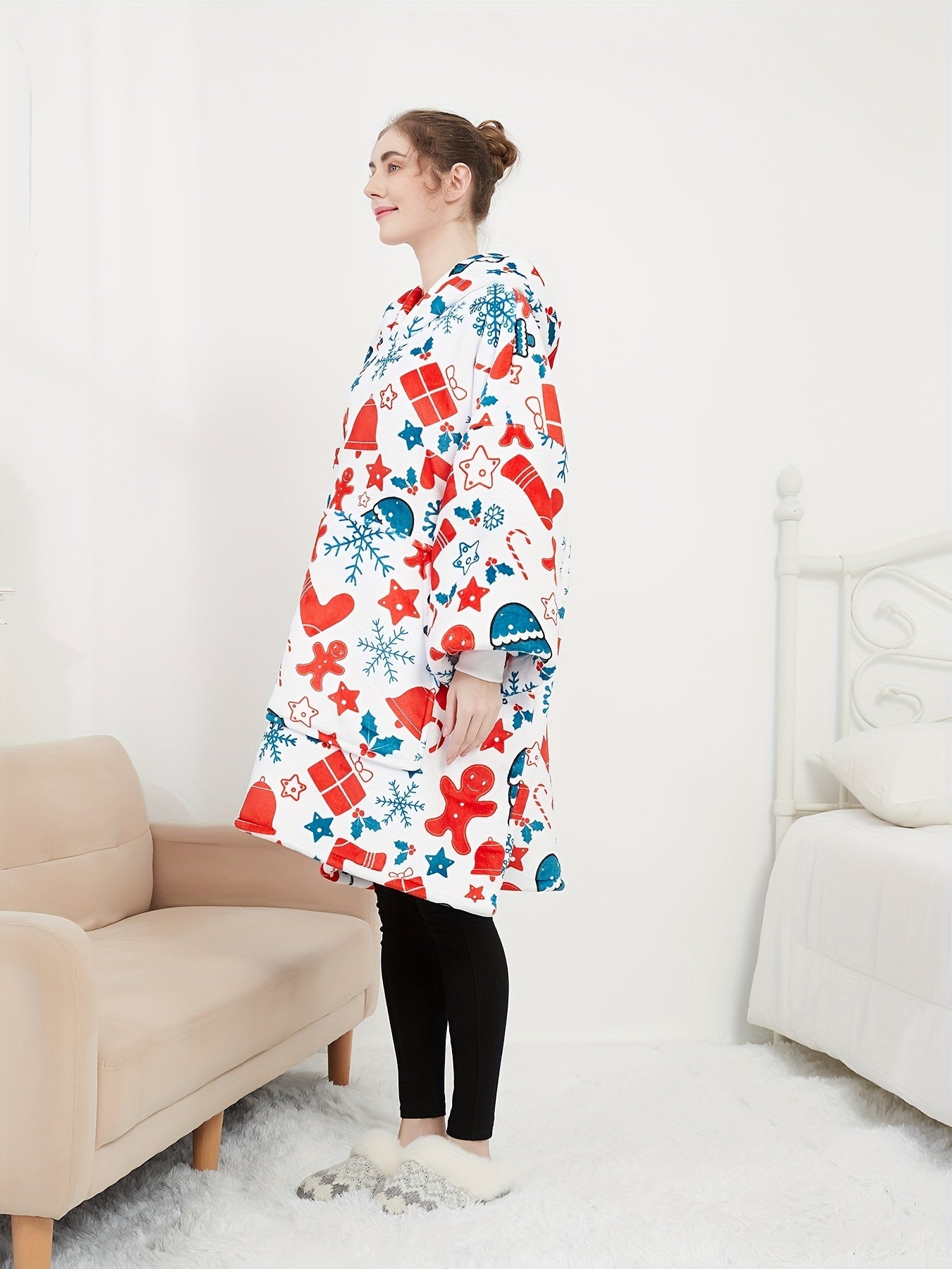  Fleece Snowflake & Bell Print Hooded Robe