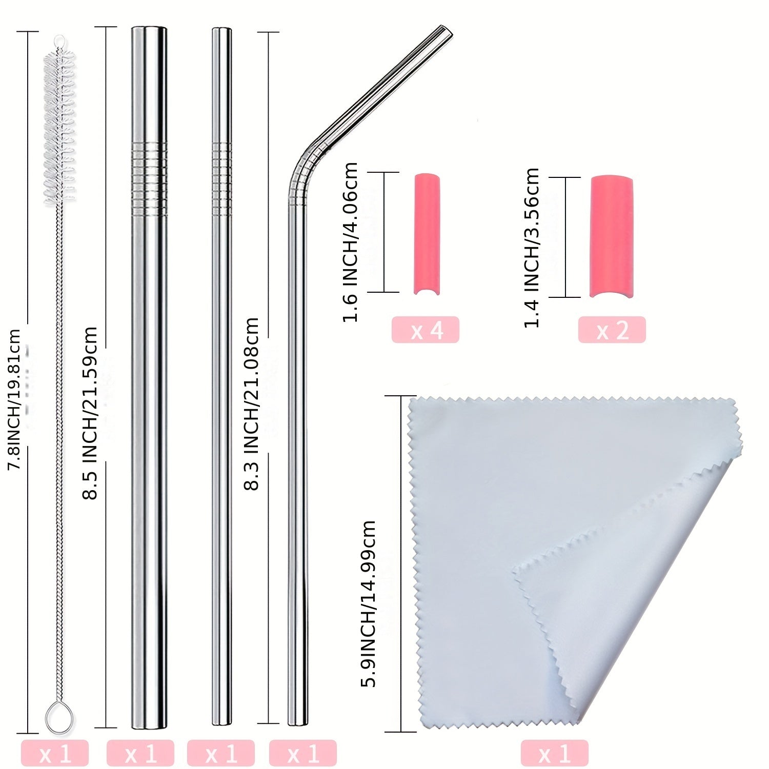 Stainless Steel Straws Set With Brush Tips And Bag