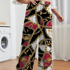 Women's Plus Chain & Lock Paisley Print Wide Leg Elastic Waist Pants