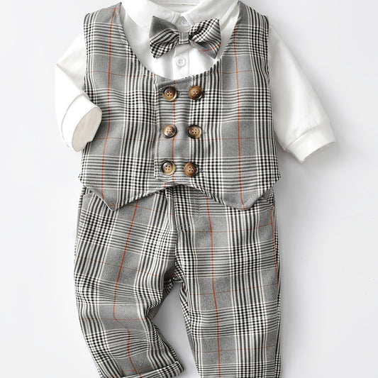 Baby Boys Gentleman Suit Plaid Vest Pants 3pcs Set