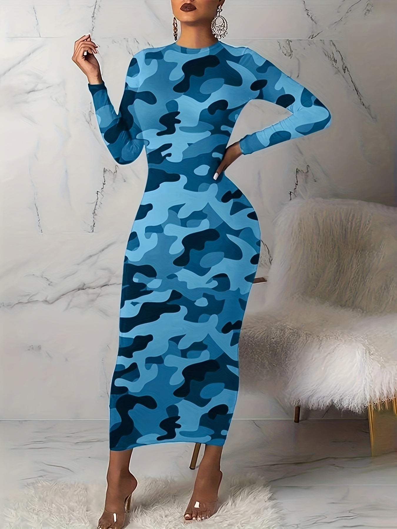  Printed Long Sleeve Maxi Dress