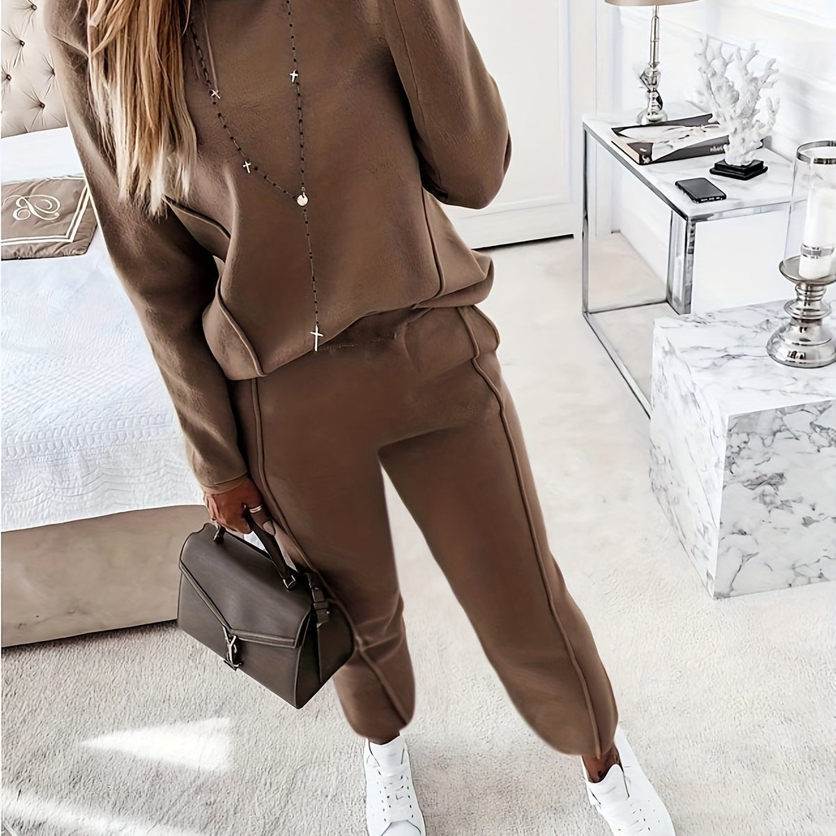  Solid Long Sleeve Mock Neck Pullover Top & Pants Set