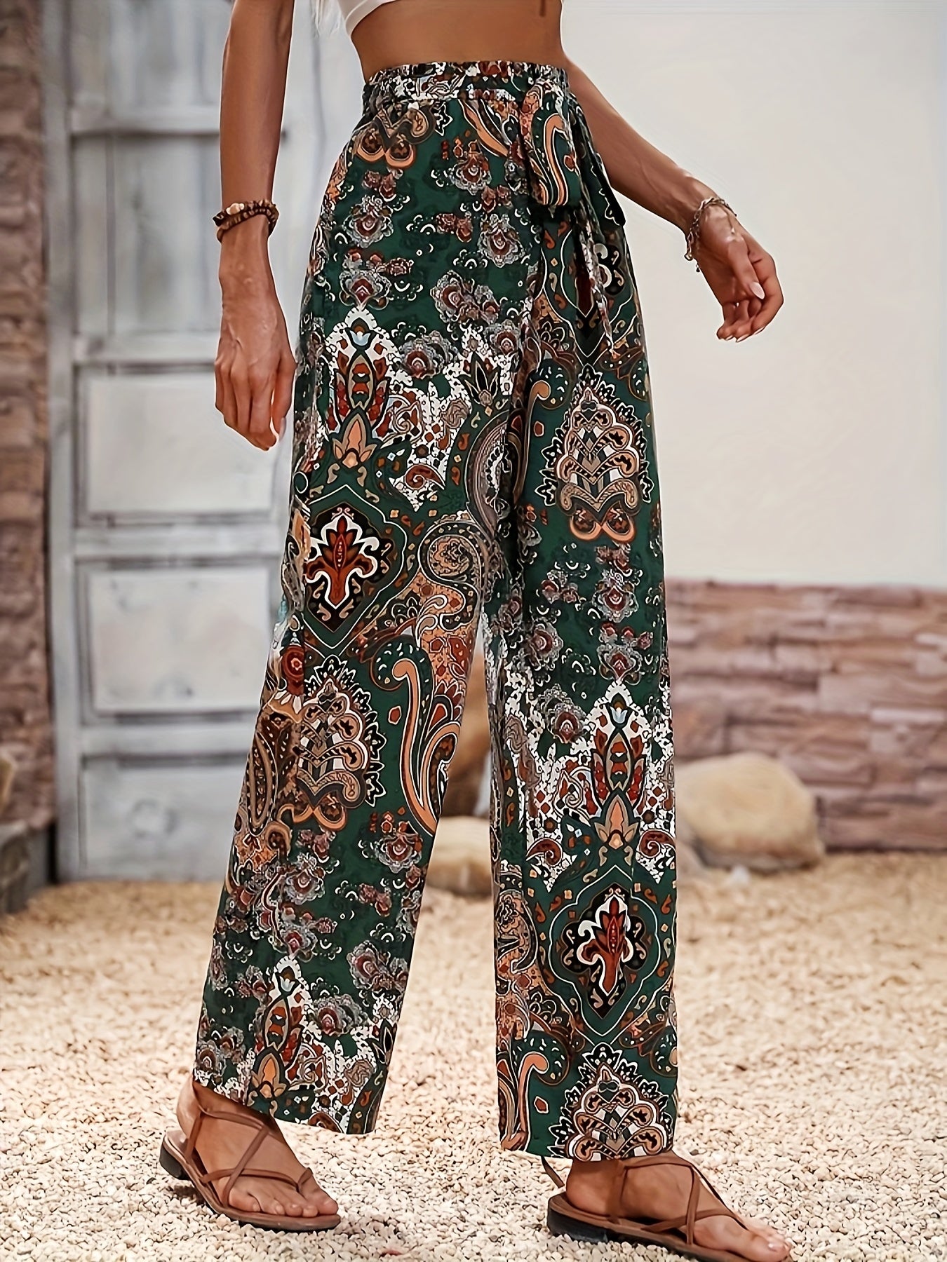  Boho Pants Women's High Rise Wide Leg Trousers With Belt