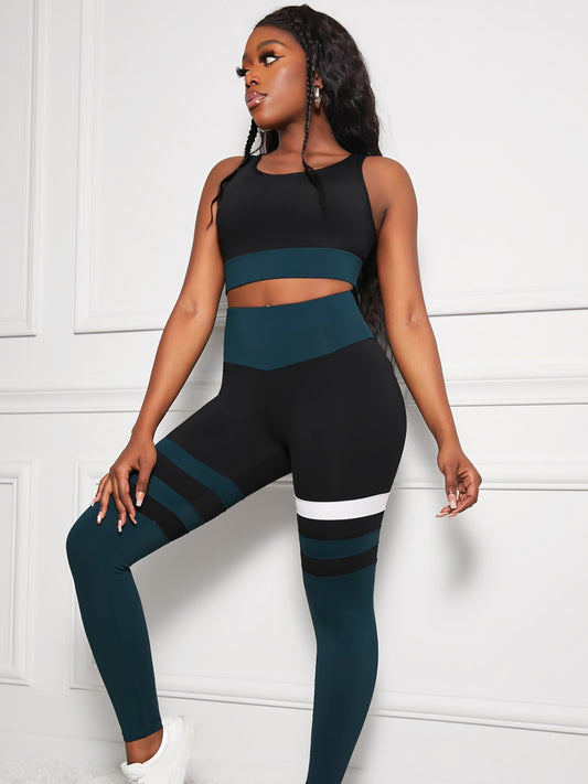 Striped 2pc Workout Set Crop Sports Bra & Leggings