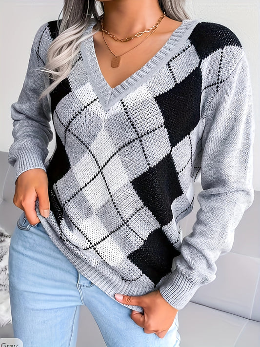  Colorblock Gingham Print V Neck Sweater