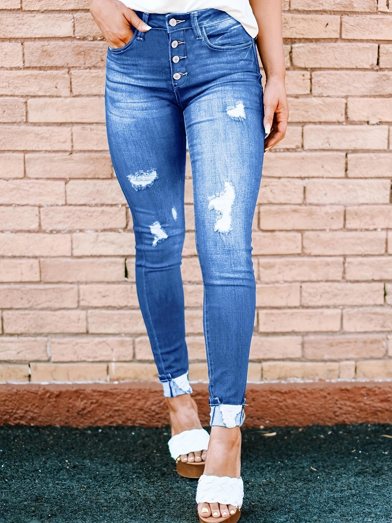 Ripped Skinny Jeans Slash Pockets Distressed Slim Fit Button Denim Pants