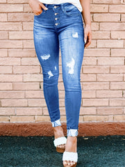 Ripped Skinny Jeans Slash Pockets Distressed Slim Fit Button Denim Pants