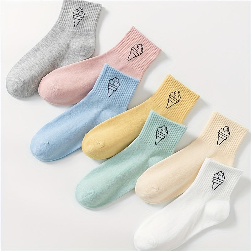Ice Cream Print Mid Tube Socks, Women's Stockings