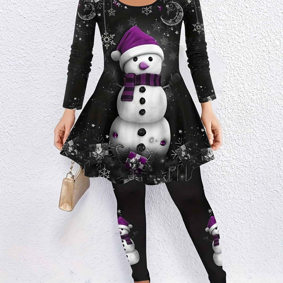 Women's Plus Snowman Print Long Sleeve Top & Pants Outfit Set