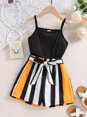 Girls Striped Spaghetti Strap Cami Romper Summer