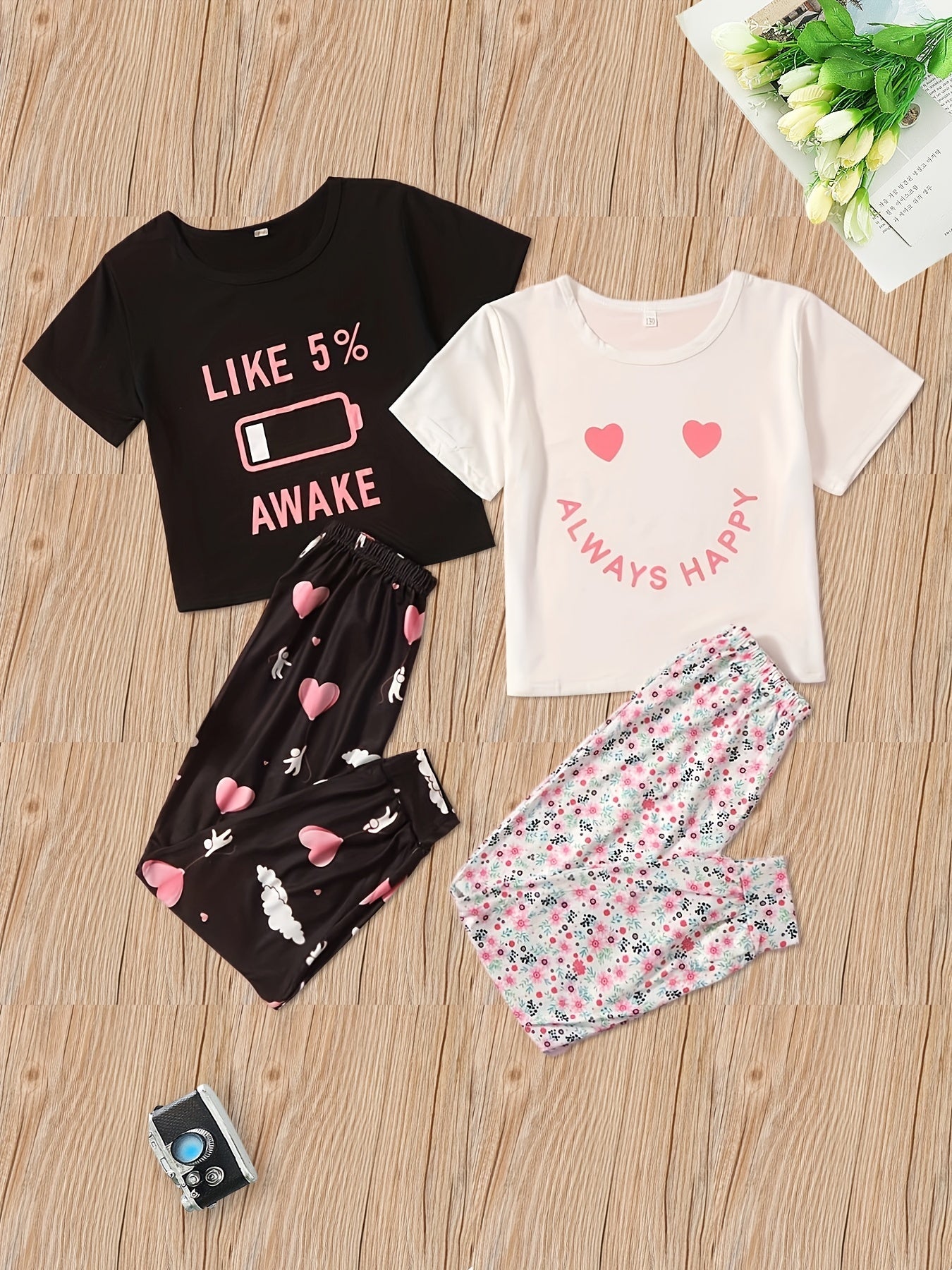 Girls 4pcs Pajama Set Graphic Tee Tops & Pants