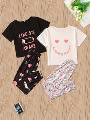 Girls 4pcs Pajama Set Graphic Tee Tops & Pants