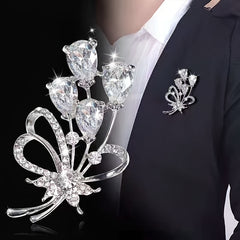 Rhinestone Flower Brooch Pin Zircon Crystal Silvery Plated 1pc