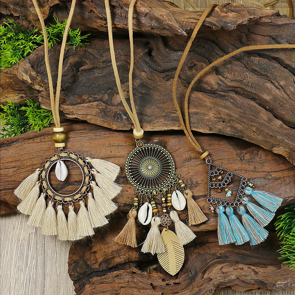 Boho Ethnic Tassel Pendant Necklaces Retro Rhinestone Drip Oil Alloy Necklace