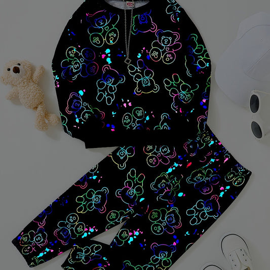 Toddler Boy's Bear Pattern Outfit 2pcs Sweatshirt & Sweatpants Set