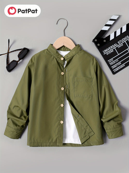 Boys Casual Long Sleeve Stand Collar Shirt With Pocket