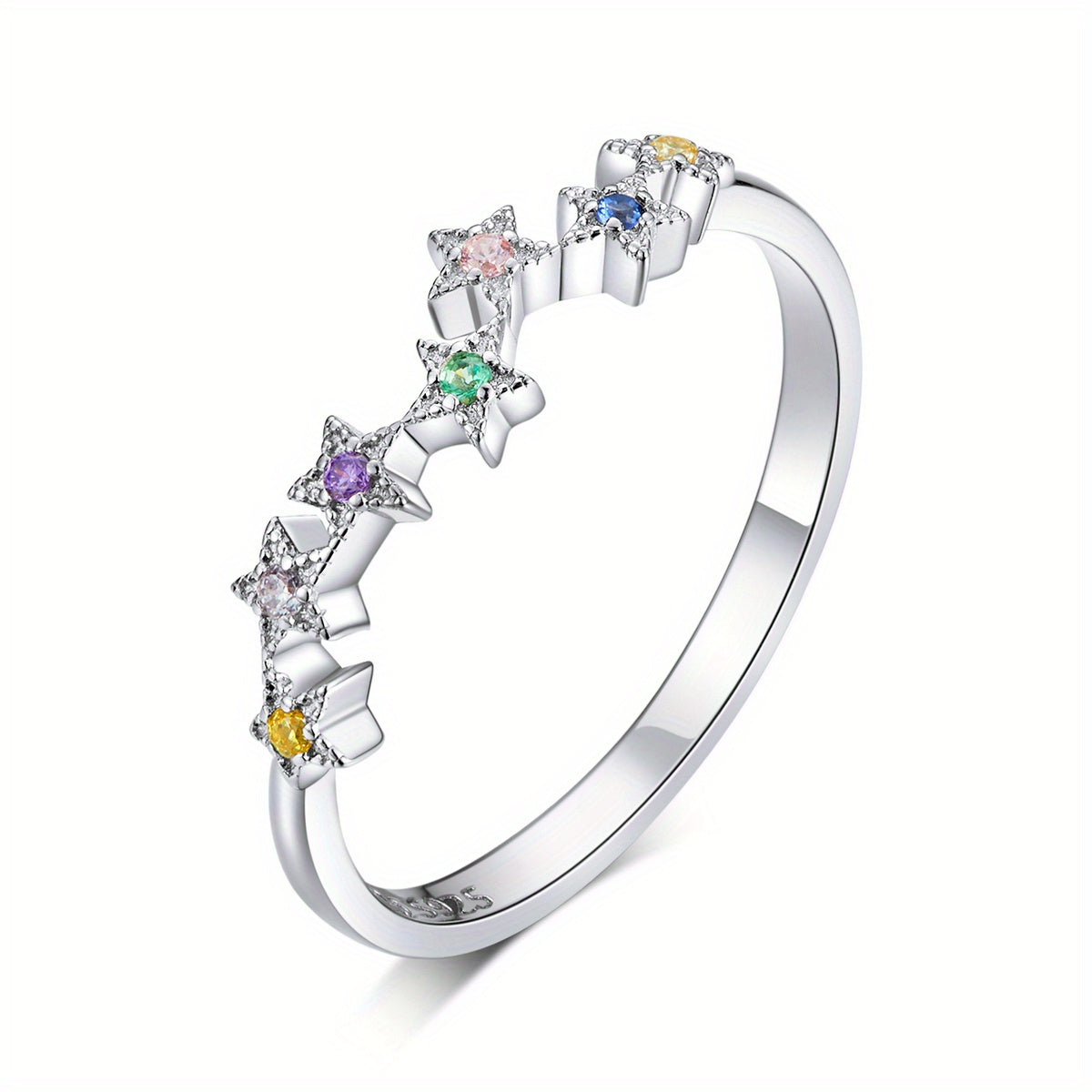925 Silver Starry Ring with Colorful Zircon, Platinum Plated