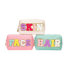 3 Pcs Preppy Patch Makeup Bag Chenille Letter Cosmetic Bag Waterproof Zipper