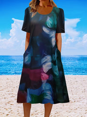  Floral Print Short Sleeve Dress With Pockets
